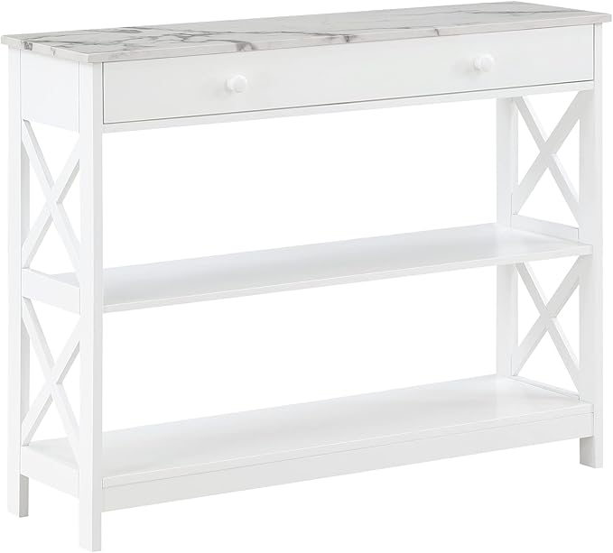 Convenience Concepts Oxford 1 Drawer Console Table with Shelves, White Faux Marble/White