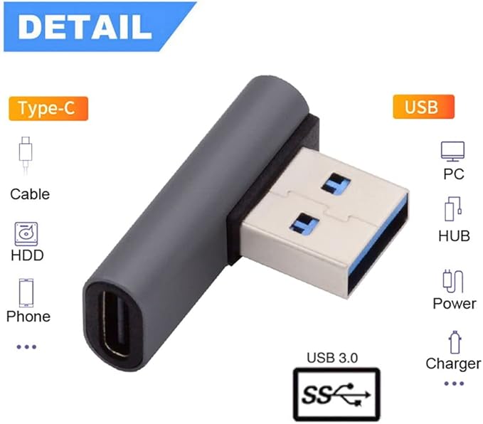 NFHK USB-C Type C Female Low Profile 90 Degree Left Angled to USB 3.0 A Male Data Adapter for Laptop Desktop