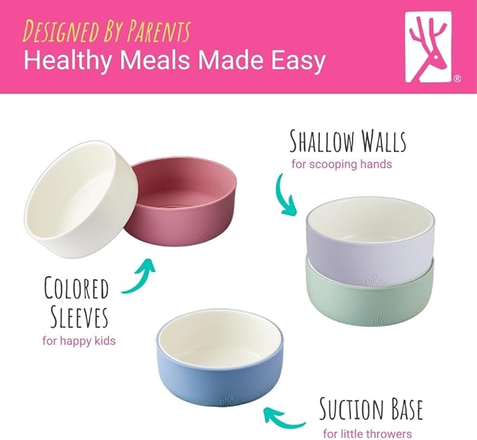 Elk and Friends Kids Porcelain Bowls with Silicone Suction Sleeve | Kids/Toddler/Baby Feeding | Microwave & Dishwasher Safe | Non slip | Cereal/Soup/Snack Dishes & Dinnerware
