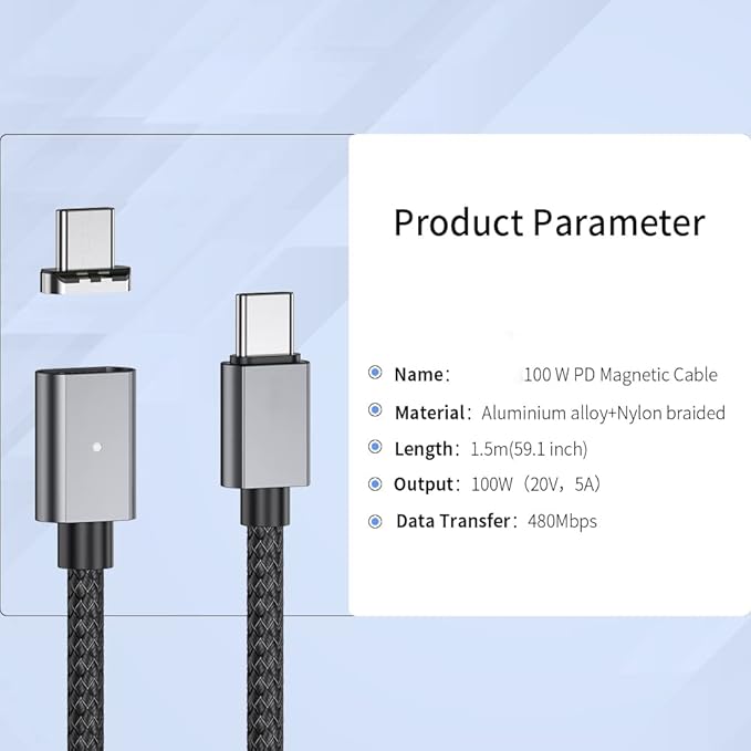 USB C Magnetic Cable (5ft I-Shape), USB2.0 Type C Cord with PD 100W Charge and 480Mbps Data Transfer, Compatible for MacBook Pro/Air iPad Pro and More USB C Devices