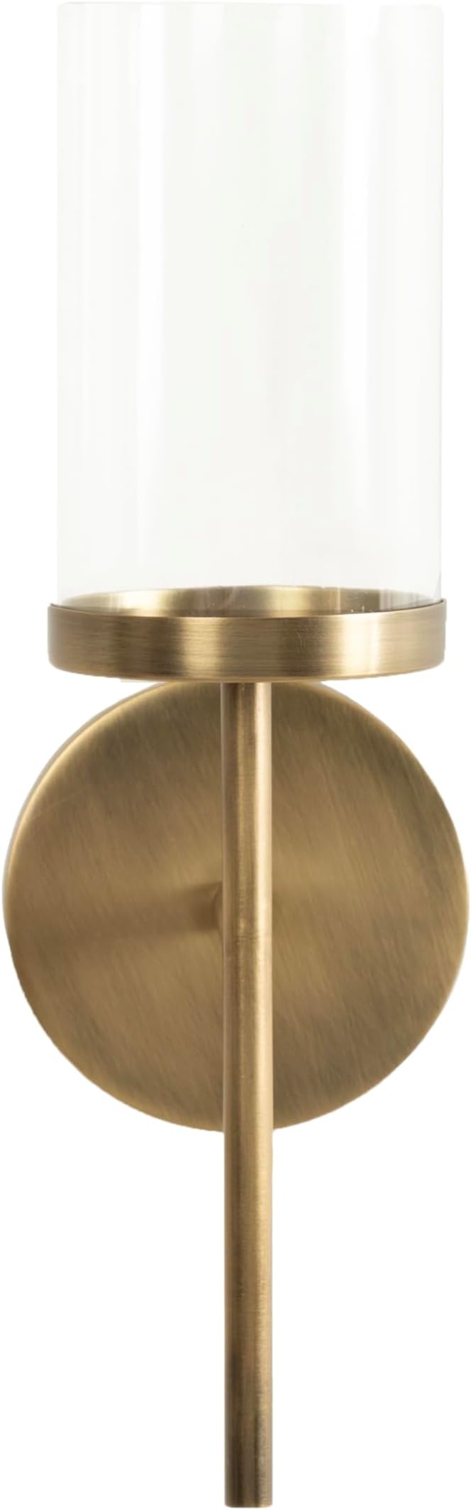 Kate and Laurel Blaise Transitional Metal Wall Sconce; 5 x 6 x 14; Antique Brass; Modern Round Candle Holder with Removable Glass Cylinder for Flameless Candles