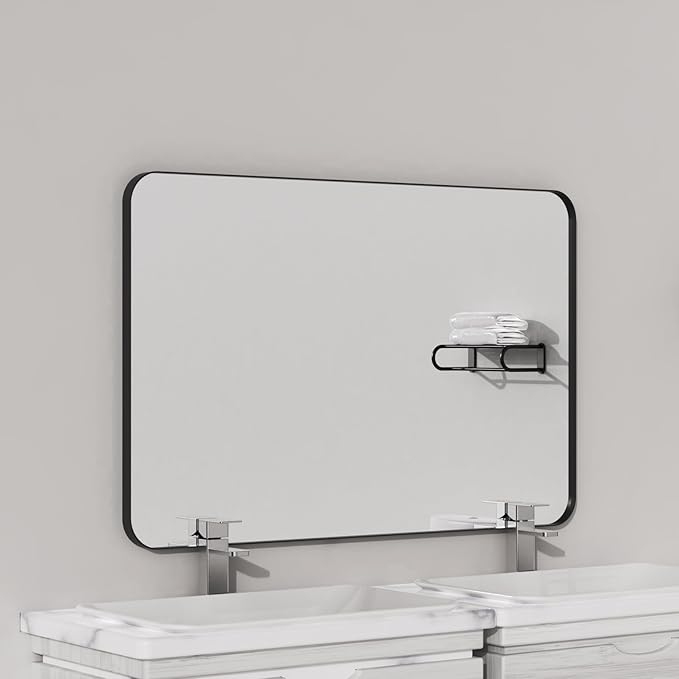 VocalStar Black Metal Framed Bathroom Mirror for Wall, 40 x 30 Inch Large Rounded Rectangle Matte Black Bathroom Vanity Mirror Farmhouse, 1/4-inch Shatterproof Glass | Ultra-Flush Hanging