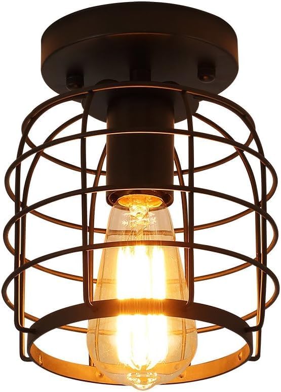 Create For Life® Industrial Vintage Flush Mount Ceiling Light,Rustic Metal Cage Semi Flush Mount Ceiling Lamp Fixture for Hallway Stairway Kitchen Garage, E26, Black Finish,2 Pack