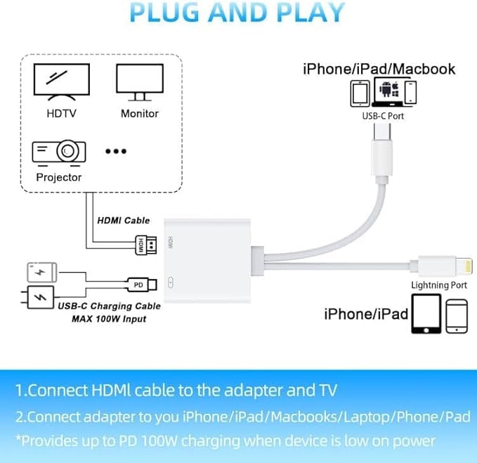 USB-C and Lightning to HDMI Adapter for iPhone ipad to TV [2025 New, MFi Certified],4K@60 Hz Sync Screen Apple Lightning to Digital AV Adapter for MacBook, iPhone16/15,iPad to TV/Projector/Monitor