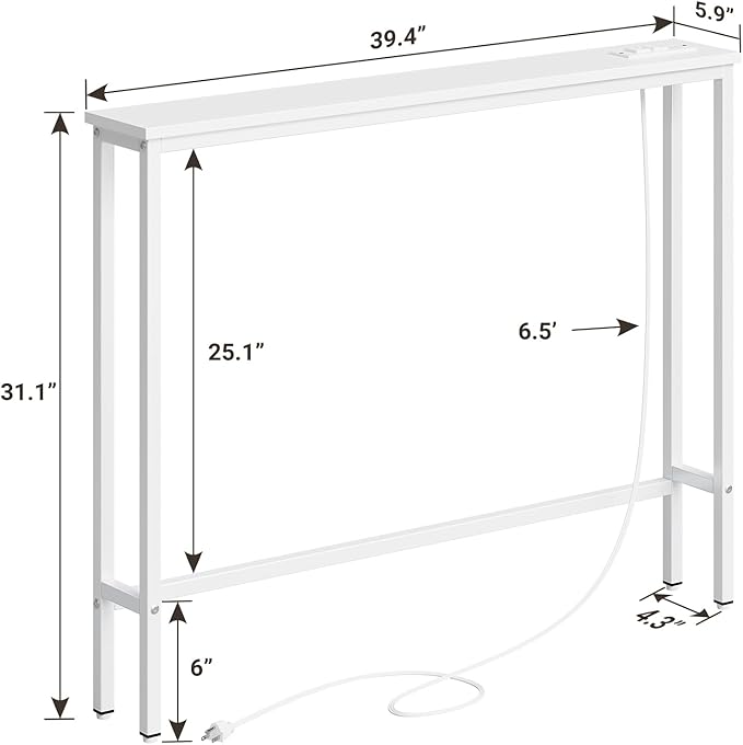 ELYKEN 5.9" Narrow Console Sofa Table with Power Outlets, 5.9" Dx39.4 Wx31.1 H Long Couch Table with Metal Frame and Charge Station with 6.5’ Extension Cord, White