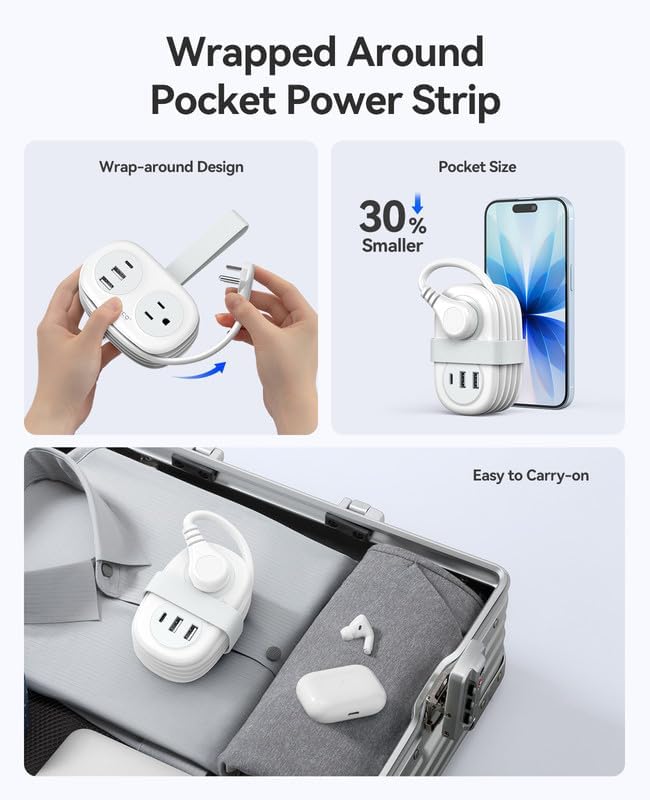 ORICO Travel Power Strip, 3.7FT Small Extension Cord, Portable Power Strip Flat Plug with 2 AC Outlets 3 USB Ports (1 USB C), Multi Plug Extension Cord for Travel, Cruise, Office, Hotels