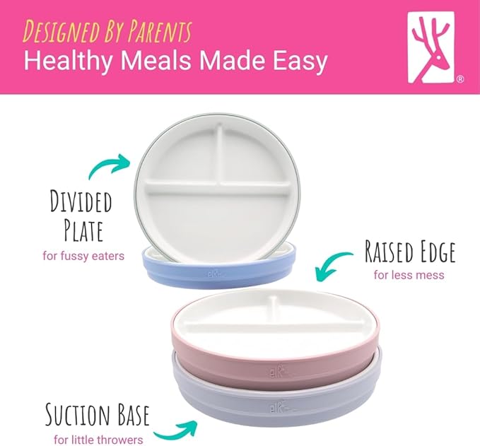 Elk and Friends Kids 7.8” Porcelain Divided Plates with Silicone Suction Sleeves | Suitable for Kids/Toddlers | Microwave & Dishwasher Safe | Non Slip | Snack Dishes | 4 Pack