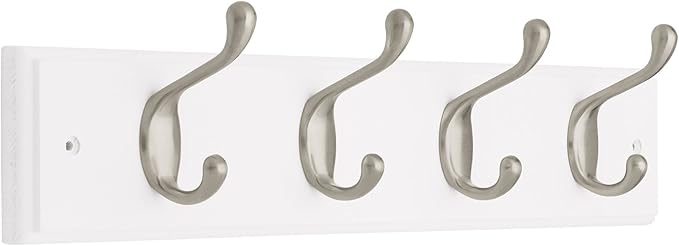 Liberty 129849 18-Inch Coat and Hat Hook Rail/Rack with 4 Heavy Duty Hooks, White and Satin Nickel