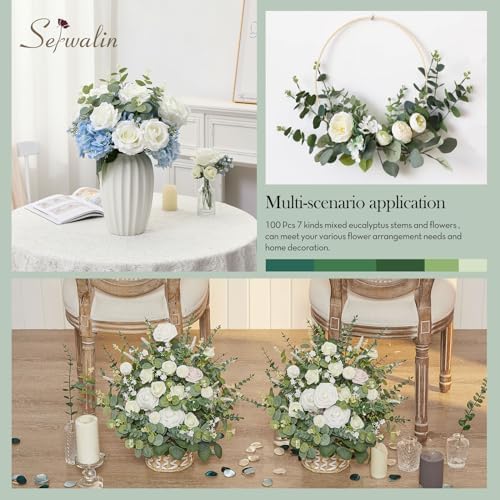 Serwalin 200 Pcs 7 Kinds Mixed Artificial Eucalyptus Leaves Stems Bulk Faux Silver Dollar Eucalyptus Leaves Real Touch Greenery Branches for Wedding Floral Arrangement Table Centerpieces Home Decor