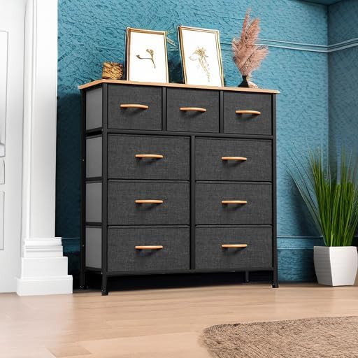 YITAHOME Dresser with 9 Drawers - Fabric Storage Tower, Organizer Unit for Bedroom, Living Room, Hallway, Closets - Sturdy Steel Frame, Wooden Top & Easy Pull Fabric Bins (Dark Grey)