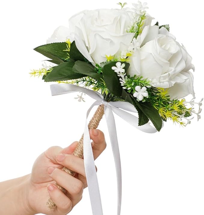 Eforcase Wedding Bouquet - Artificial White Rose Flower Bouquets for Bride and Bridesmaid - Faux Ribbon Holding Flowers for Wedding Decor