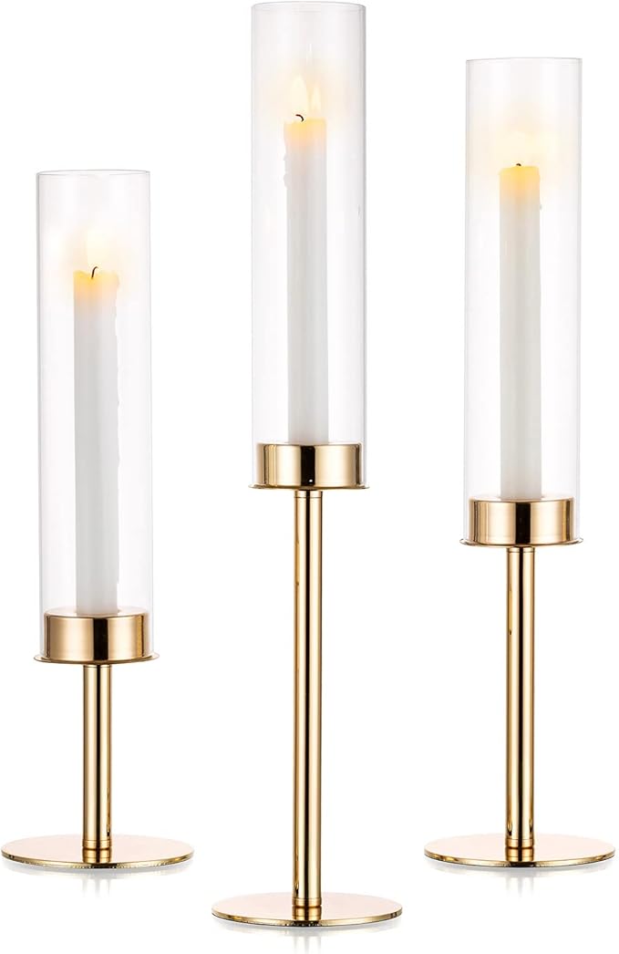 Nuptio Gold Candlestick Holder Tall Hurricane Candle Holder Set of 3 Taper Candle Holders Candle Stand Glass Cover Candlesticks Holders Table Centerpiece for Wedding Party Birthday Christmas Decor
