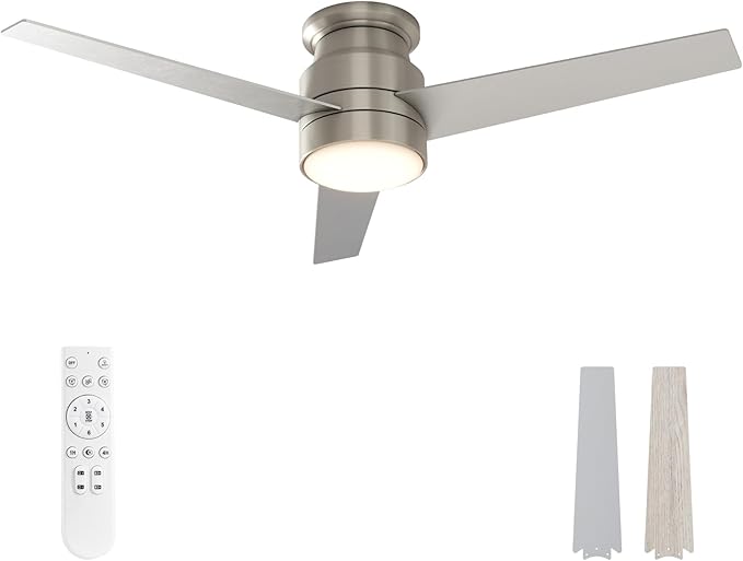 warmiplanet Flush Mount Ceiling Fan with Lights Remote Control, 52-Inch, Brushed Nickel, 3-Blades