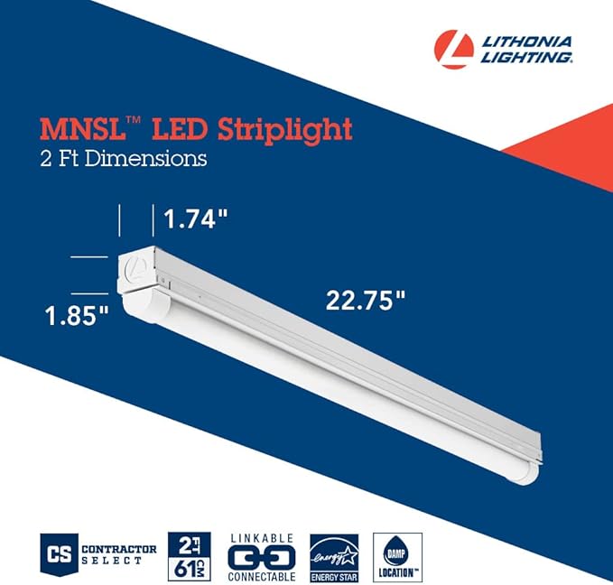Lithonia Lighting 1 Light LED Strip Light, 2 Foot LED Ceiling Lighting Fixture, 1250 Lumens, 4000K, 80CRI, 11W, Kitchen and Garage Use (MNSL L23 1LL MVOLT 40K 80CRI M6)