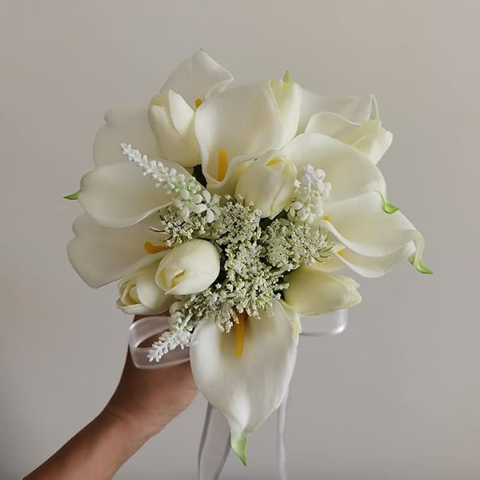Tulips Calla Lily Artificial Flowers | Real Touch |Bridal Bouquet | Wedding Bouquet Home Décor Party (White) (White 1 Bouquet)