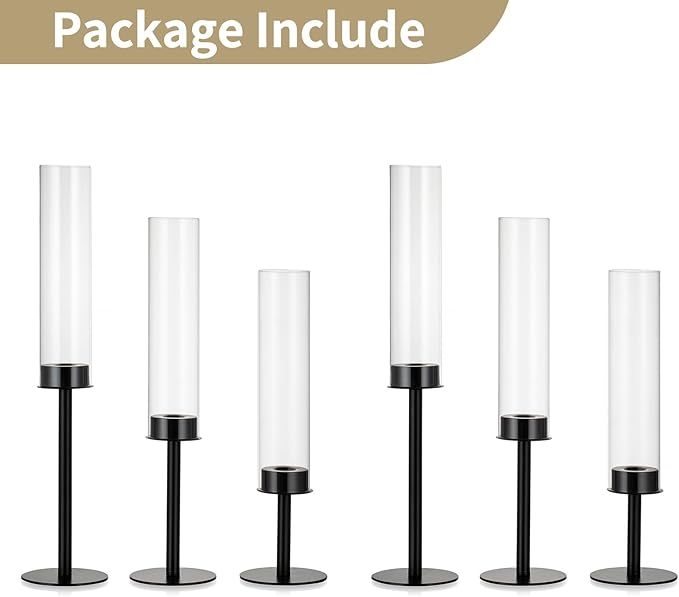 NUPTIO Hurricane Glass Candle Holders: 6 Pcs Black Metal Candlestick Tapered Holder with Clear Chimney Covers Bottomless Tall Modern Taper Candles Stick Cylinder Stand for Halloween Fireplace Decor