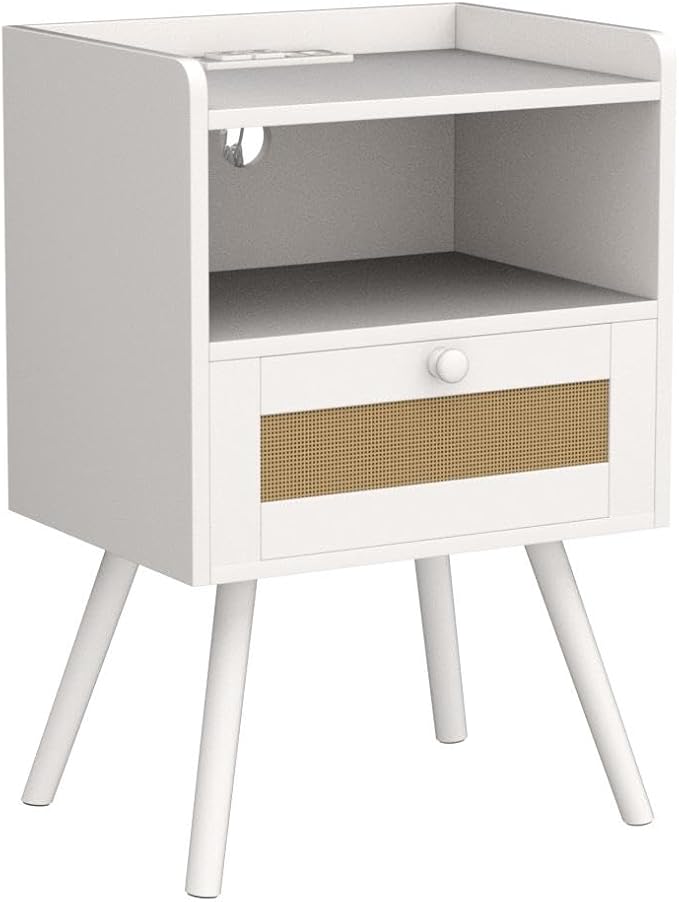 SUPERJARE Nightstands with Charging Station, Bedside Table Set of 2 with PE Rattan Drawers, Rattan Side Table with Storage & Solid Wood Feet, End Table for Bedroom, White