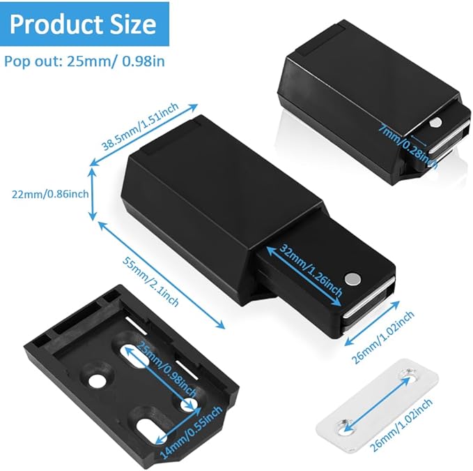 Heavy Duty Push to Open Door Latch, 5 Pack Black Magnetic Push Latches, Hidden Push Touch Latch Hardware for Push to Open Cabinet, Magnetic Door Catch for Cabinet Drawer Wardrobe Kitchen Door