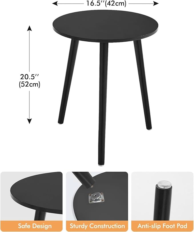 Apicizon Black Round Side Table, Black End Table Bedside Table Nursery with Wood Legs, Nightstand for Living Room, Bedroom, 16.5 x 20.5 Inches
