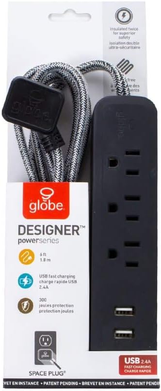 Globe Electric 78249 6ft 3-Outlet USB Surge Protector Power Strip, 2X USB Ports, 2.4 Amps Combined, Black Finish, Right Angle Plug, Compatible with All Charging Devices, Electronic Accessories