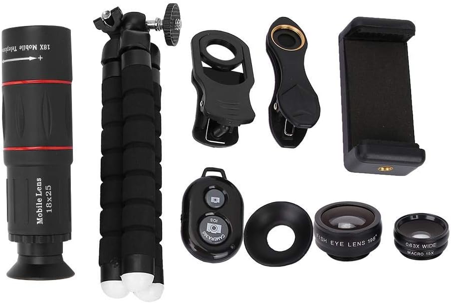 Phone Camera Lens Kit - 4 in 1 Cell Phone Camera Lenses Kit - 18X Telescopic Lens, 198° Fisheye Lens, 0.36 Super Wide