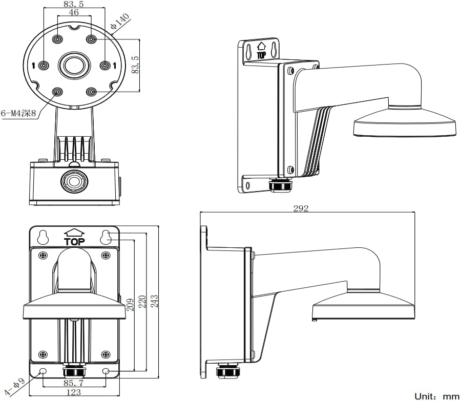 WMS WML DS-1273ZJ-140B PC140B PT6 Outdoor Indoor Wall Mount Bracket for Hikvision Dome Camera, White