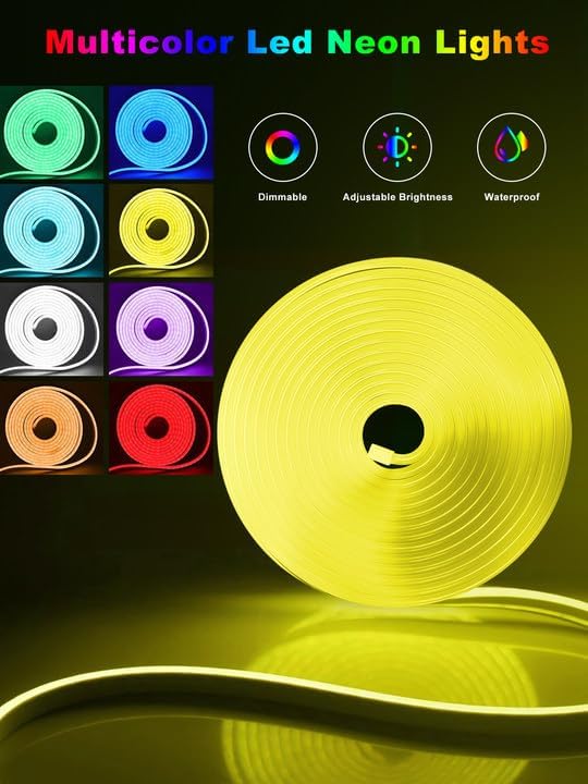 10ft Rgb Led Neon Rope Lights with Remote App Control, IP65 Waterproof Neon Strip Lights for Outdoor, DIY Design Flexible Led Rope Lights for Bedroom Music Sync, Gaming Accessories, Room Decor