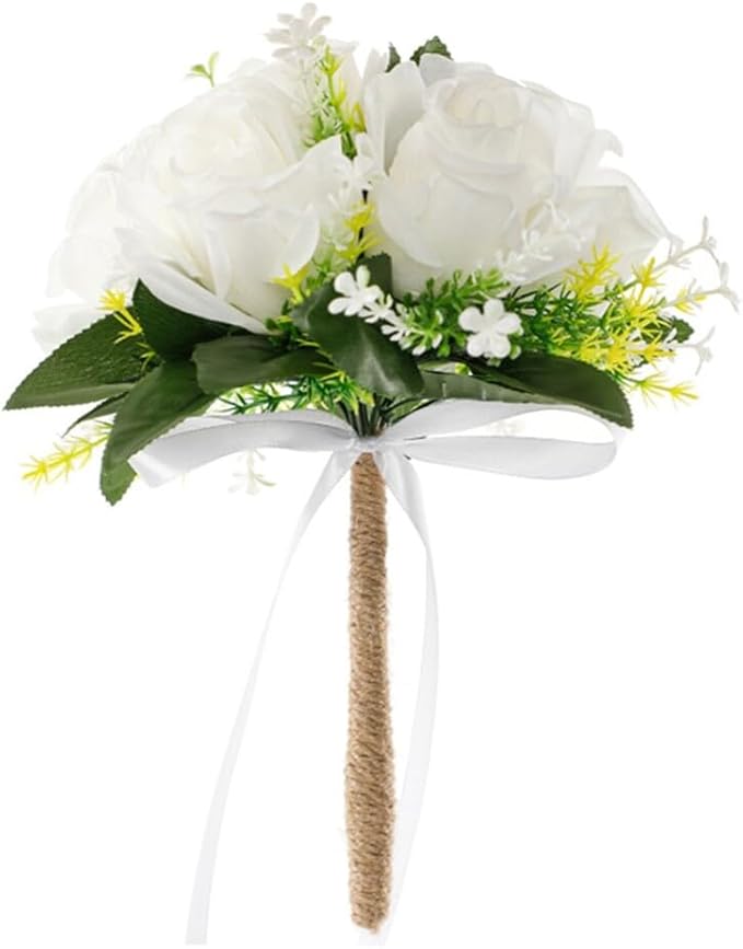 Eforcase Wedding Bouquet - Artificial White Rose Flower Bouquets for Bride and Bridesmaid - Faux Ribbon Holding Flowers for Wedding Decor