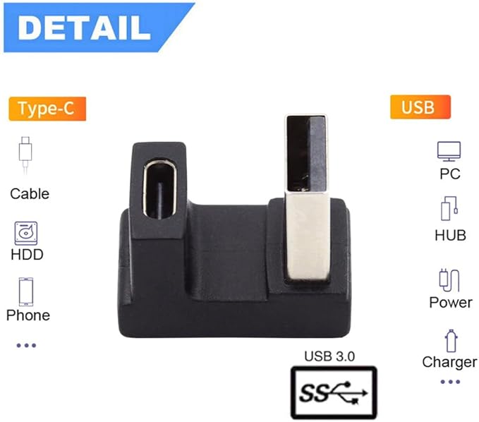 NFHK USB-C Type C Female Up Opposite U Shape Back Angled to USB 3.0 A Male Data Adapter for Laptop Desktop