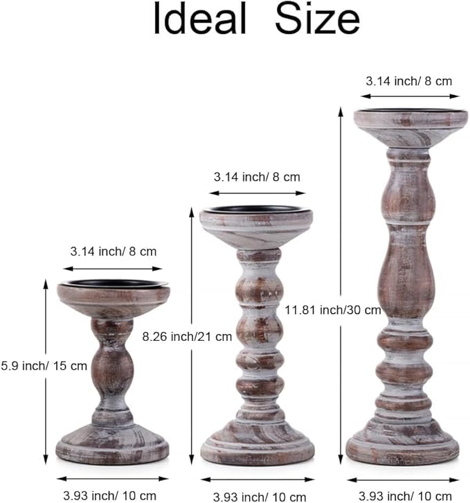 Wood Pillar Candle Holder: 3Pcs Rustic Candle Holders for Pillar Candles Wood Candle Holders Distressed Wooden Farmhouse Large Candle Holder for Fireplace Table (Brown, 6", 8", 12")