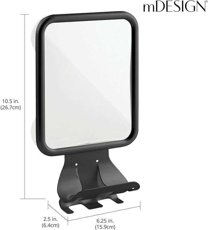 mDesign Large Modern Metal Suction Shaving Mirror Center for Bathroom Showers and Tubs - Holders for Shaving Cream and Razors - Matte Black