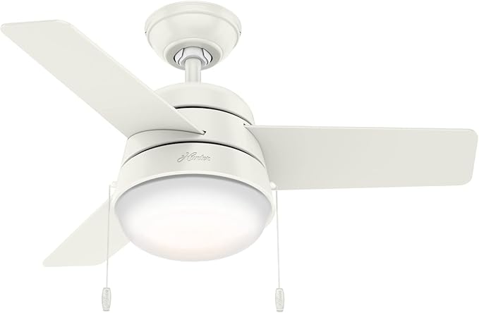 Hunter 36 inch Small Indoor Ceiling Fan with LED Light and Pull Chain - Modern Ceiling Fan, Standard Mount, 3 Blades, For Bedroom, Home Office, or Laundry Room, Quiet - Aker 59301, Fresh White