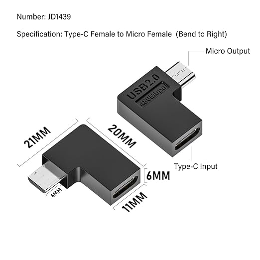2 PCS USB2.0 Type C Female to Micro USB Male Power Data Adapter.USB C to Micro USB L Shape Right Bend Convert Connector for Charging or Data Transfer.
