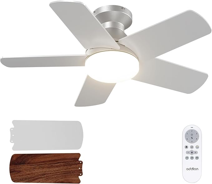 addlon Ceiling Fans with Lights, 32 inch Low Profile Ceiling Fan with Light and Remote Control, Flush Mount, Reversible, 3CCT, Dimmable, Quiet, Silver Small Ceiling Fan for Bedroom Indoor/Outdoor Use