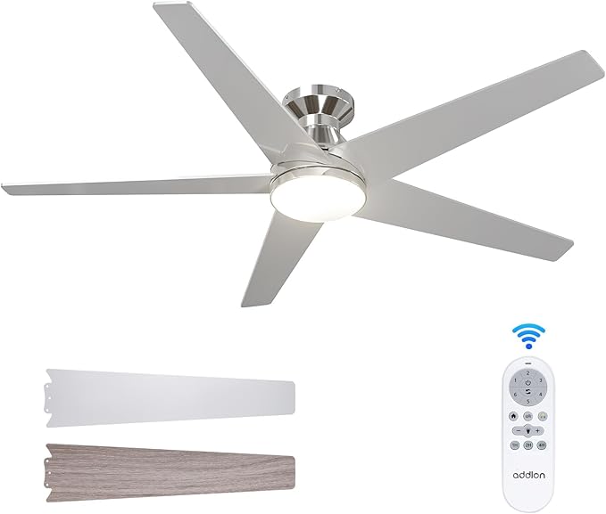 addlon Ceiling Fans with Lights, 52 inch Low Profile Ceiling Fan with Light and Remote Control, Flush Mount, Reversible, 3CCT, Dimmable, Noiseless, Nickel Ceiling Fan for Bedroom, Indoor/Outdoor Use
