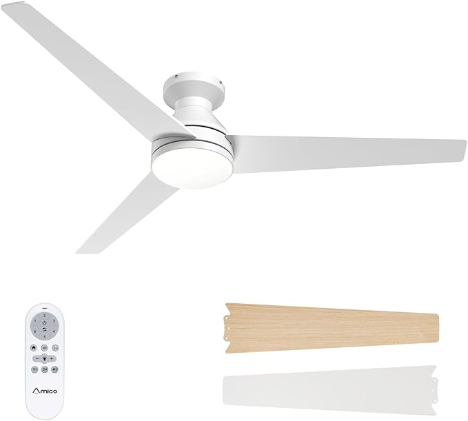 Amico Ceiling Fans with Lights, 52 inch Low Profile Ceiling fan with Light and Remote Control, Flush Mount, Reversible, 3CCT, Dimmable, Noiseless, White Ceiling Fan for Bedroom, Indoor/Outdoor Use