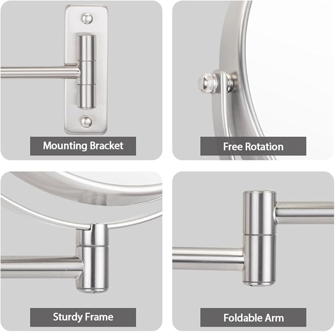 Cerdeco 8 Inch 10X Double Sided Makeup Wall Mount Mirror With Nickel Plated Finish - 360 Swivel Extendable Cosmetic Shaving Magnification