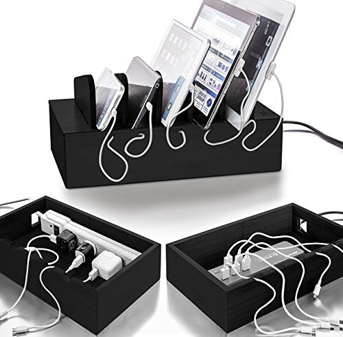 Prosumer's Choice Black Family Charging Station, 5 Device Organizer Charger for Smartphones and Tablets, Wooden Rack