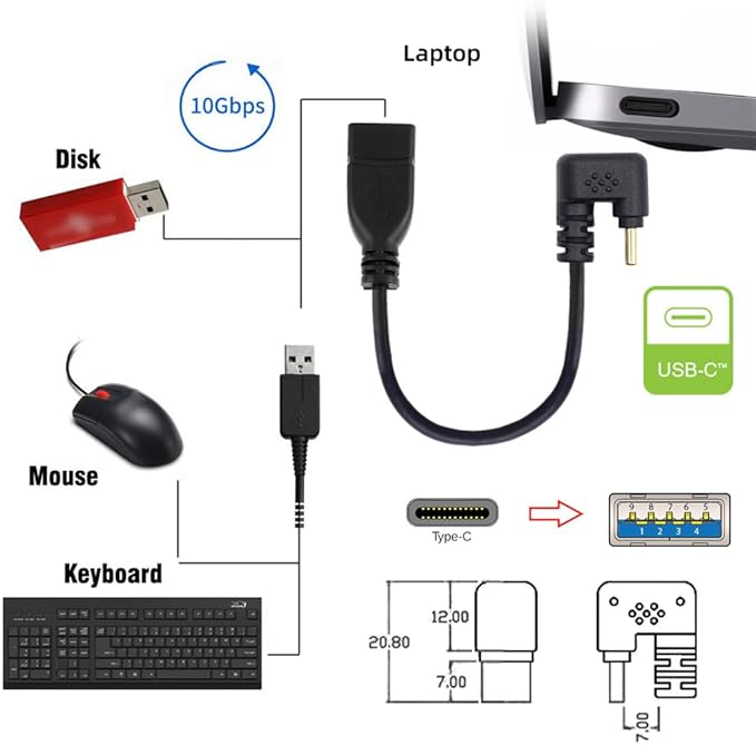 xiwai 90 Degree USB-C Type-C USB 3.1 Male to USB 3.0-A Female Adapter 10Gbps OTG Data Power Cable 30cm Opposite U Shape Back Angled