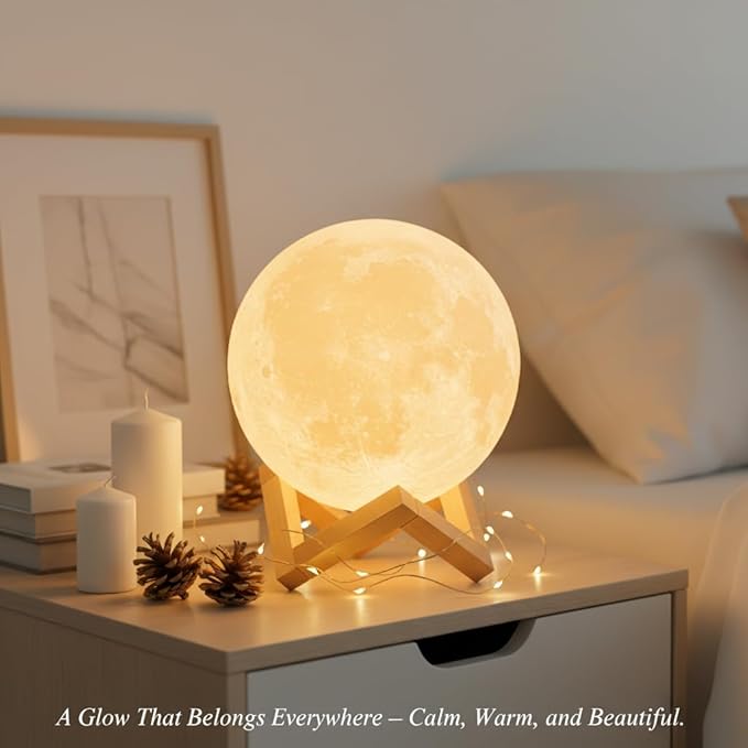Mydethun Large Moon Lamp - 7.1" Large Thanksgiving & Christmas Table Décor, Gifts for Women and Mom, Touch-Dimmable Lamp with Wooden Base – Rechargeable Dual Color Night Light for Bedroom, Home