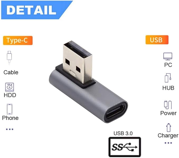 NFHK USB-C Type C Female Low Profile 90 Degree Right Angled to USB 3.0 A Male Data Adapter for Laptop Desktop