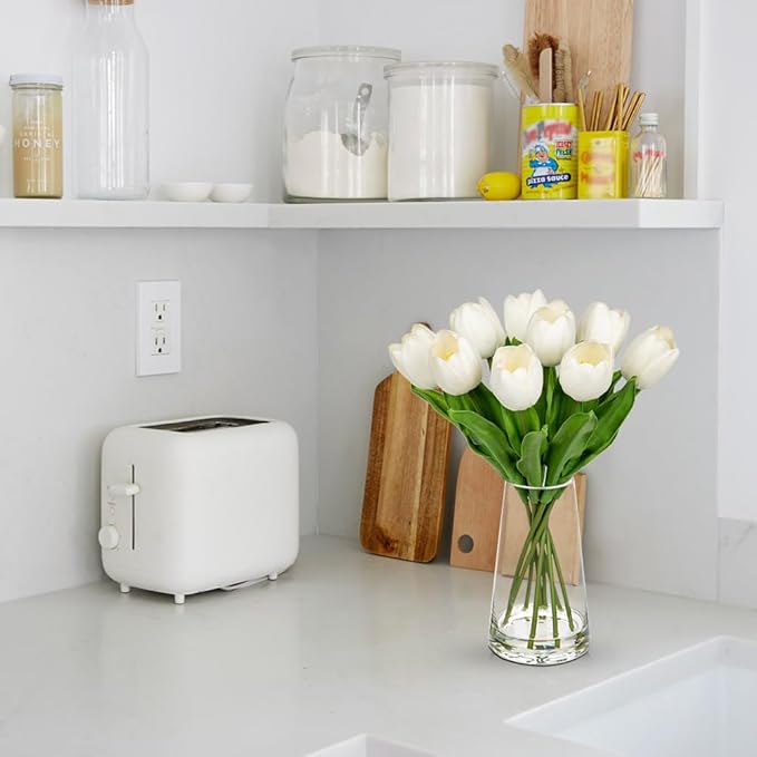 Fake Tulips Artificial Tulip Flowers in Glass Vase with Faux Water, 14.2" Real Touch White Tulip Flowers Spring Décor for Table Centerpiece Home Farmhouse Resto Wedding Decoration
