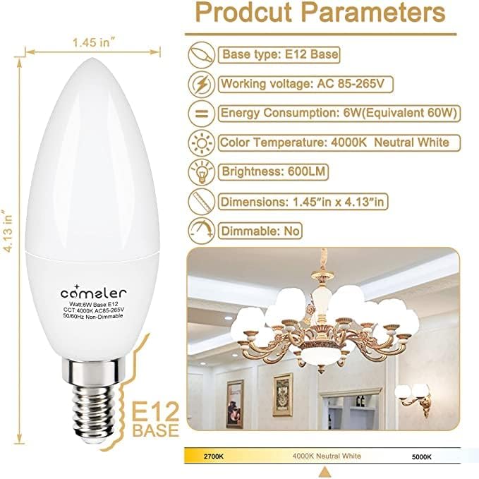 comzler Type B LED Bulb E12 Small Base, 4000K Natural Daylight Candelabra LED Light Bulbs, 60 Watt Equivalent Chandelier E12 LED Bulb for Ceiling Fan 600 Lumens No-Dimmable Pack of 8