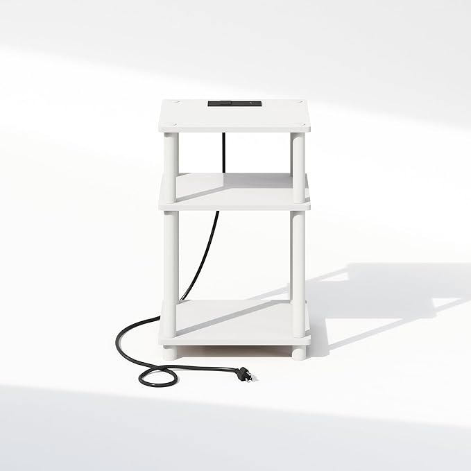 Furinno JUST Night Stand, 3-Tier Turn-N-Tube Nightstand with Charging Station, Bedside Table, End Table, Side Table with USB and Type-C Charging Port, for Bedroom, Living Room, White