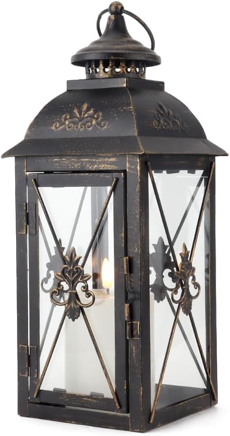 TRIROCKS Decorative Hanging Lantern 13.5'' High Vintage Metal Candle Holder with Tempered Glass Perfect for Living Room Garden Yard Patio Parties Events Indoors Outdoors (Black)
