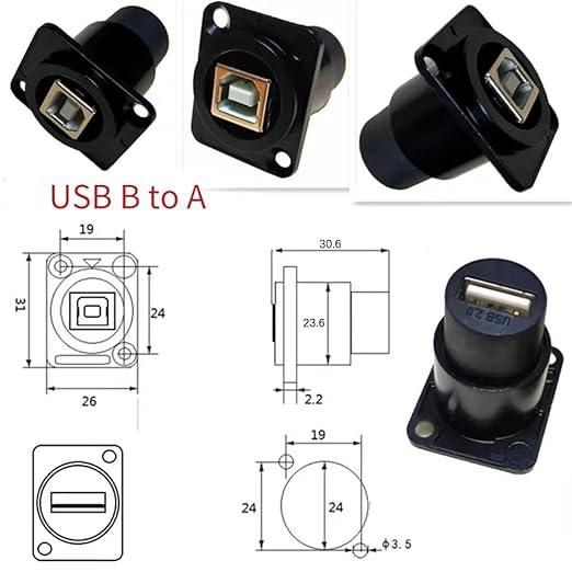 2PCS Panel Mount USB B to USB A Connector for Printer, D Type Female USB 2.0 Scanner Converter Adapter for HP, Canon, Dell, Epson, Lexmark, Xerox and More