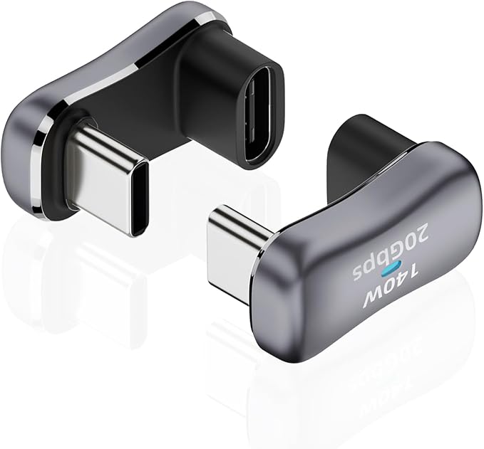 AreMe 180 USB C Adapter (2 Pack), 180 Degree Angle USB-C Male to Female 20Gbps PD 140W Adapter for Steam Deck, Switch, Laptop, Tablet, Phone and More Type C Devices