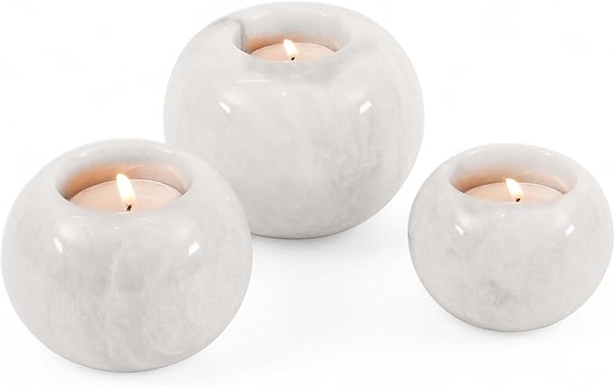 Radicaln Marble Tealight Candle Holder 4" Inches Handmade White Decorative Candle Accent for Wedding Table, Modern Farmhouse Dining Table Centerpiece, Ideal Set of 3 Small Votive Candle Holder