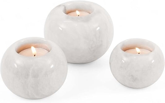 Radicaln Marble Tealight Candle Holder 4" Inches Handmade White Decorative Candle Accent for Wedding Table, Modern Farmhouse Dining Table Centerpiece, Ideal Set of 3 Small Votive Candle Holder
