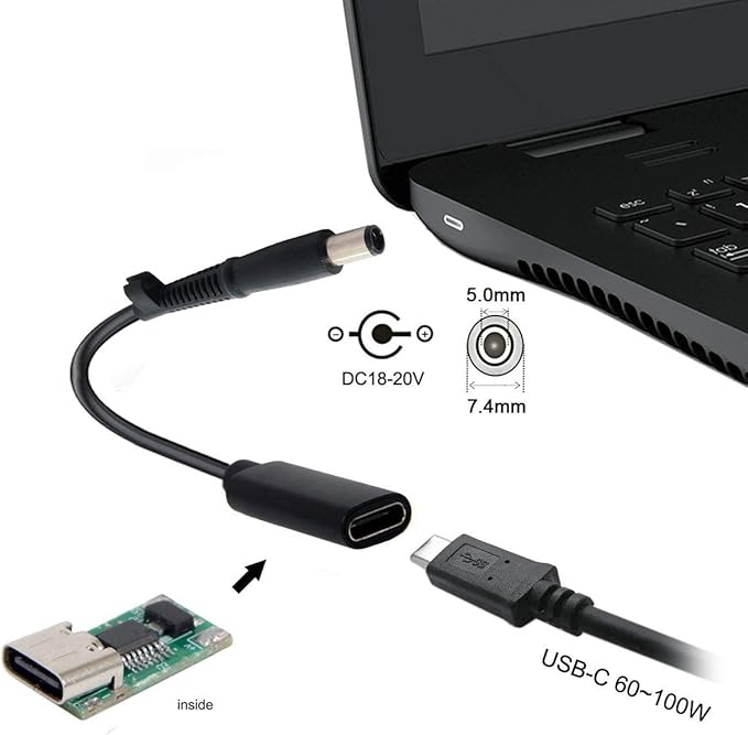 7.4x5.0mm Dell Slim Tip Adapter (Requires 100W PD Charger), Female USB-C to Male Power Connector for 45W/65W/90W 7.4mm Dell Laptops, Will NOT Charge with Phone Charger